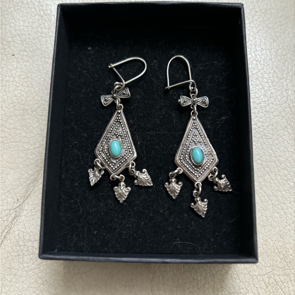 Vintage Edwardian to Art Deco 925 Sterling Silver & Turquoise Drop Earrings - Picture 1 of 6